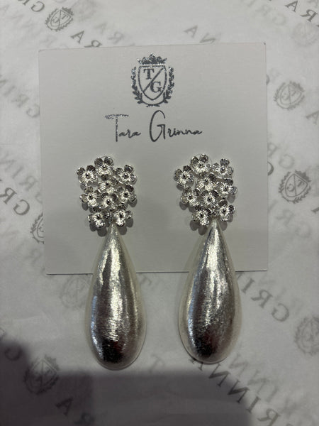 18k Plated Floral Cluster Tear Drop Earrings-(TG-910472)