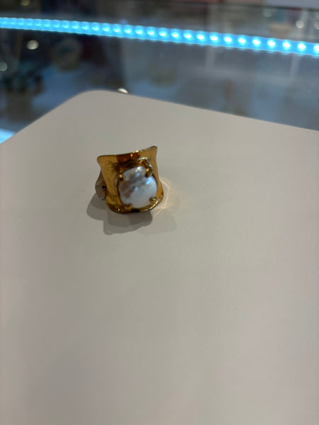 Bronze 24k Gold Plated Pearl Stone Ring-(9484)