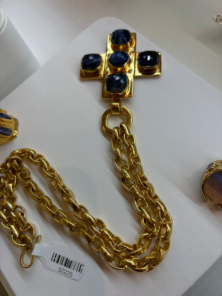 Bronze 24k Gold Plated Kyanite Stone Cross Necklace-(TG-92225)