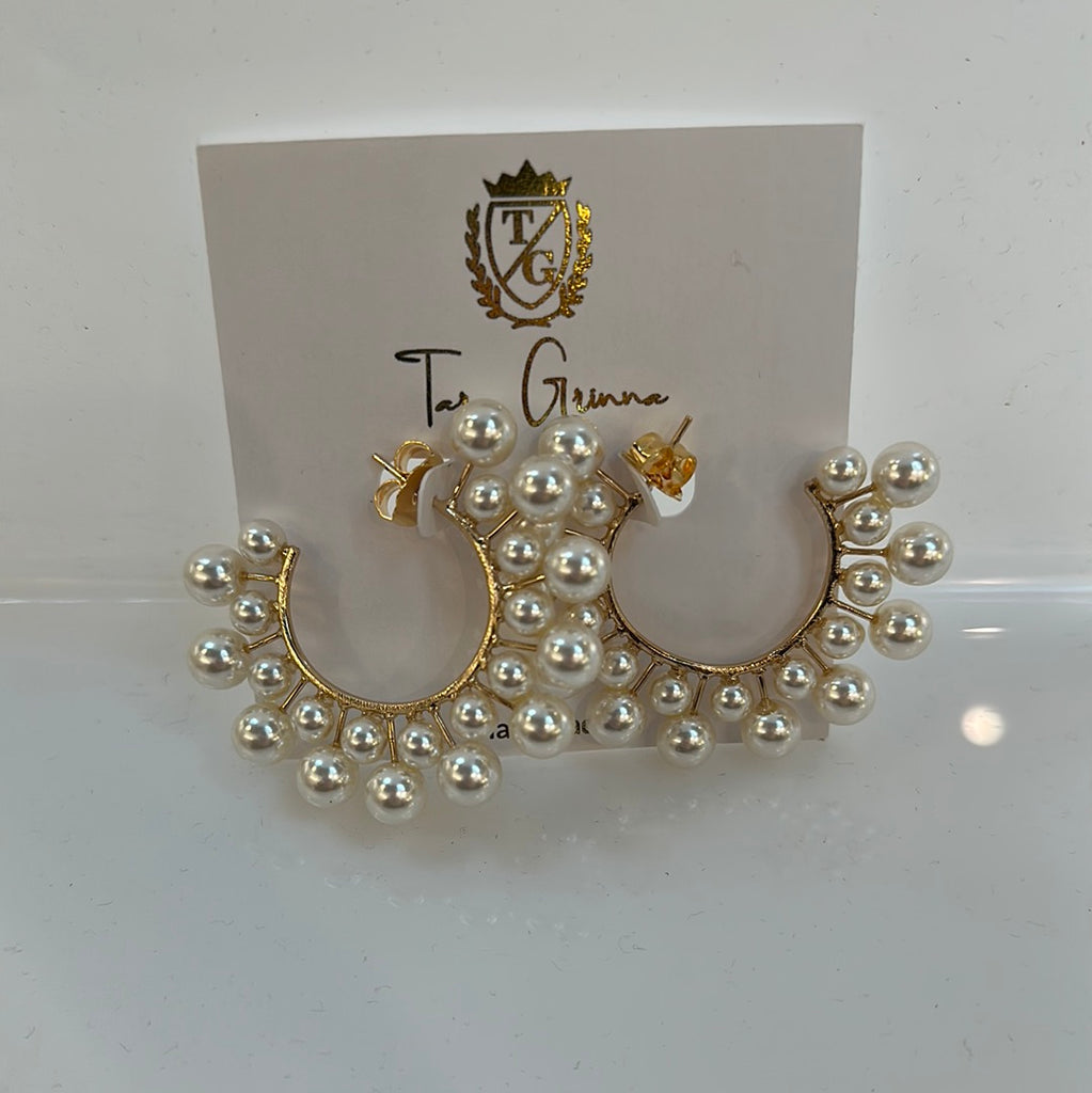 Cluster Pearl Hoop Earrings in 18k Plated Brass-(TG-910315)