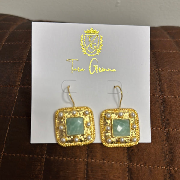 Gold Pearl Square Earrings-(TG-910350)