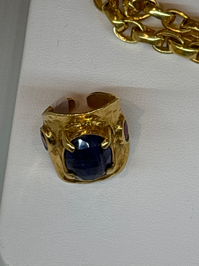 Bronze 24k Gold Plated Kyanite 3 Stone Ring-(9481)