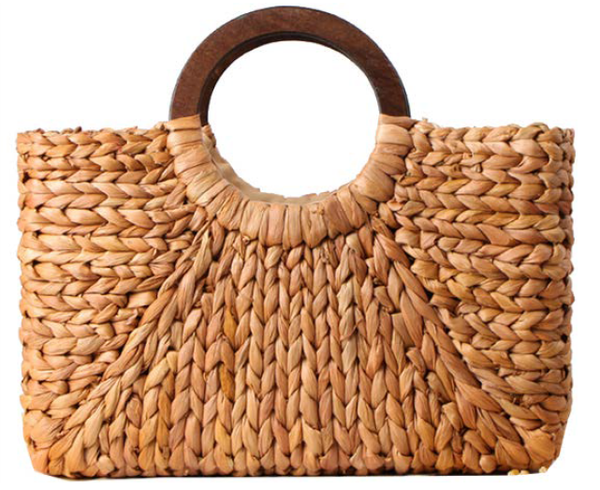 Medium square straw tote with round wooden handle (Style TG-8117)