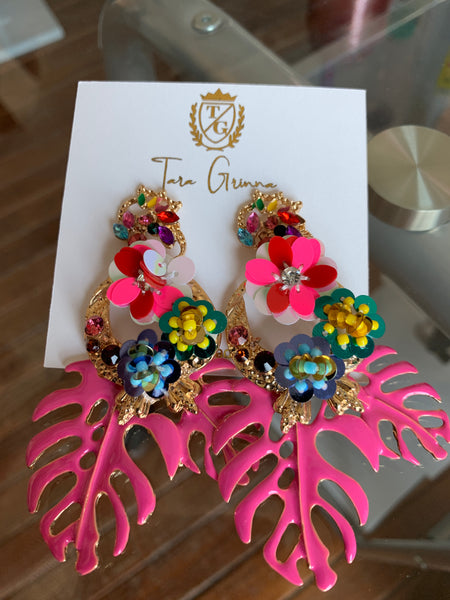 Floral and Leaf Dangle Gemstone Earrings-(TG-91094)