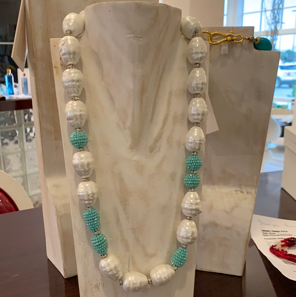 White Baroque Pearl Turquoise Necklace-(TG-92115)