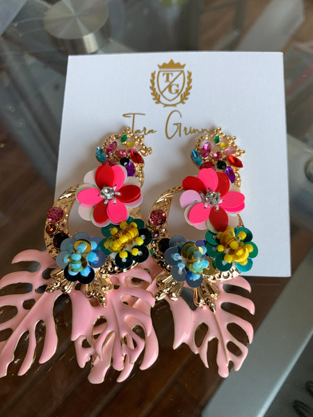 Floral and Leaf Dangle Gemstone Earrings-(TG-91094)