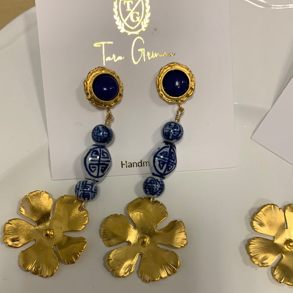 Blue China Dangle Gold Flower Earrings-(TG-910150)