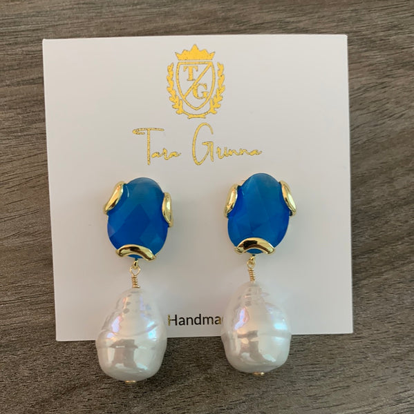 Blue and Pearl Stud Earrings-(TG-910290)