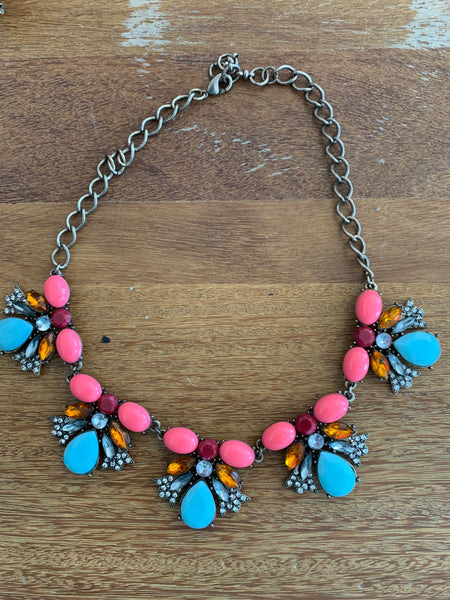 Antique Gold Statement Necklace with Hot Pink and Aqua Gems-(TG-9264)