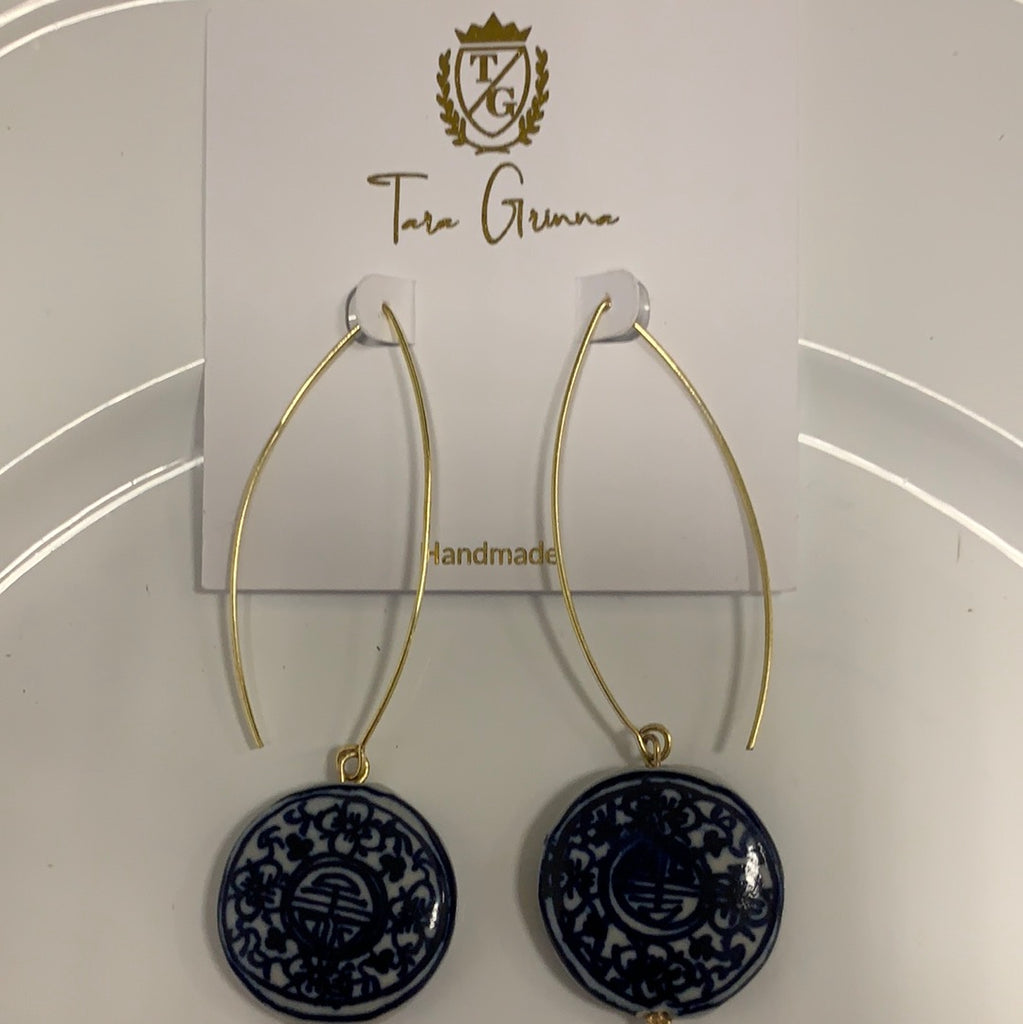 Blue China Circle Decorative Earrings-(TG-910151)