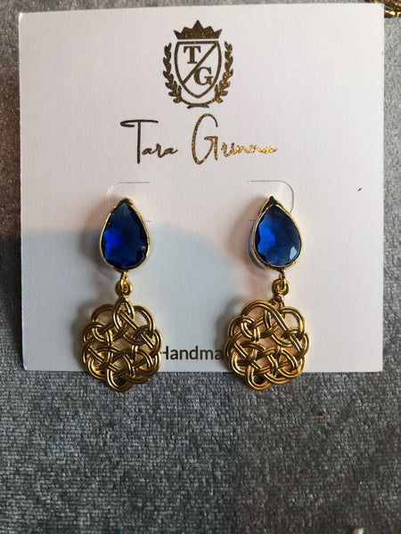 Blue Tear Drop Gemstone Earrings with Celtic Gold Dangle-(TG-910157)