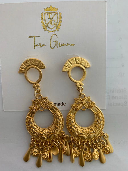 Gold Dipped Circle Charm Dangle Earrings-(TG-910135)