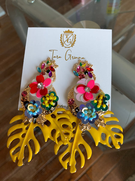 Floral and Leaf Dangle Gemstone Earrings-(TG-91094)