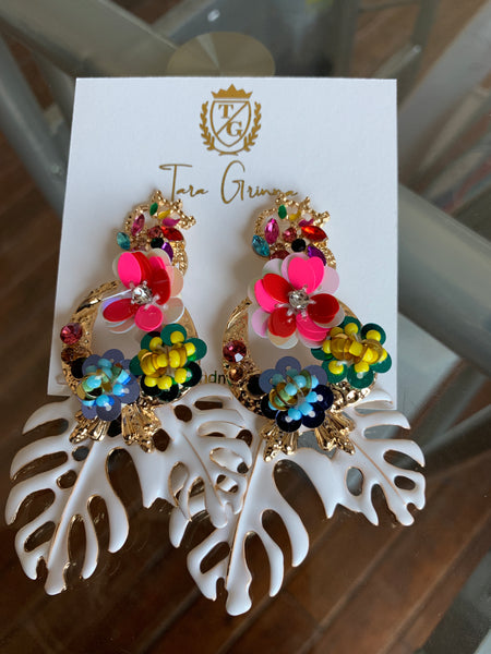 Floral and Leaf Dangle Gemstone Earrings-(TG-91094)