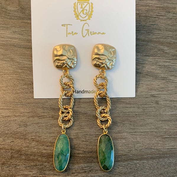 Emerald Jasper Gem with Gold Chain Loop Drop Earrings-(TG-910199)