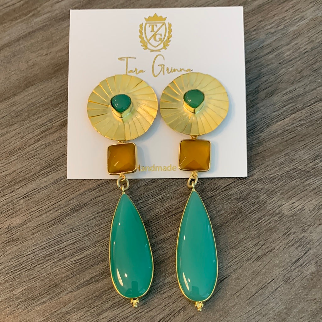 Chalcedony Circle Gold Fan Earrings-(TG-910228)