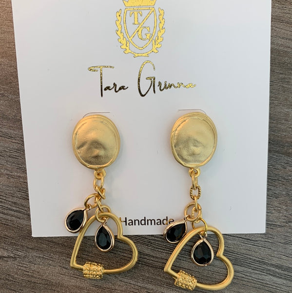 Gold Heart with Black Gem Earrings-(TG-910177)