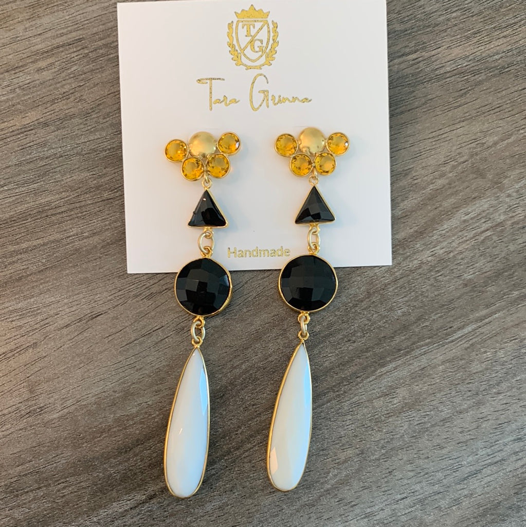 Citrine Post with Black and White Agate Stone Earrings-(TG-910210)