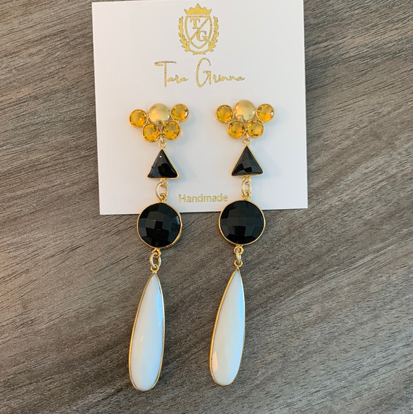 Citrine Post with Black and White Agate Stone Earrings-(TG-910210)