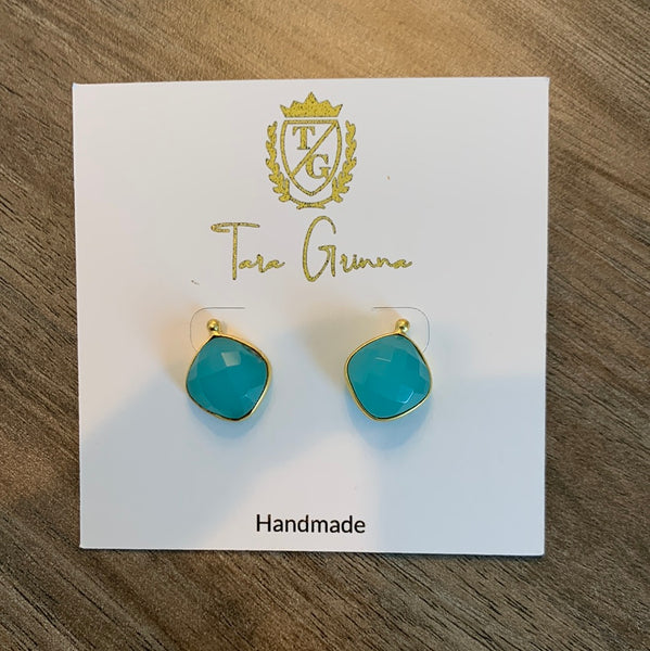 Aqua Chalcedony Stud Earrings-(TG-910217)