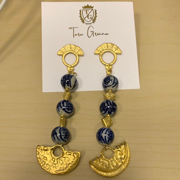 Blue China Beaded Gold Fan Earrings-(TG-910149)