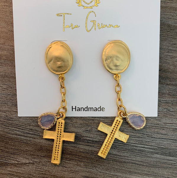 Gold Cross with Gem Earrings-(TG-910176)