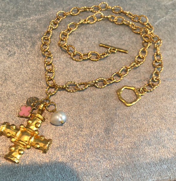 Cross Gold Necklace with TG Charm-(TG-92140)