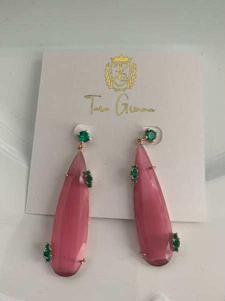 Watermelon Deep Colored Gemstone Earrings with Emerald Accents Stones-(TG-910109)