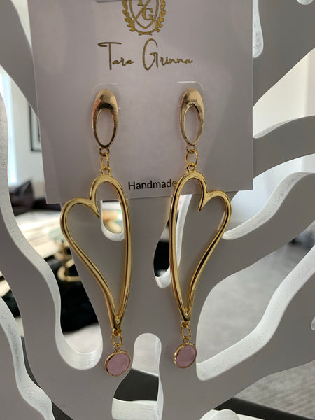 Gold Dipped Heart Earrings with Pink Drop Color Gem-(TG-910134)