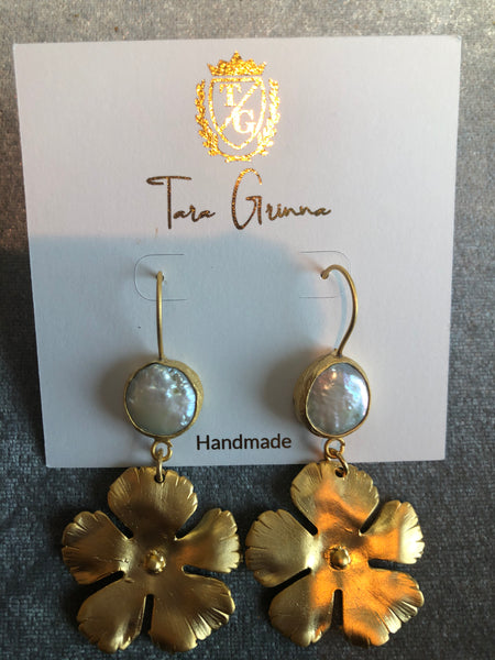 Gold Floral Dangle Earrings with Pearl Stud-(TG-910153)