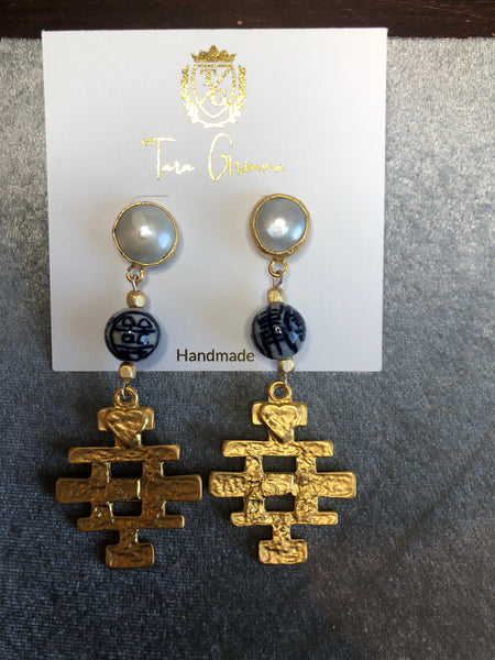 Blue China Stud Earrings with Dynasty Symbol Gold Dangle-(TG-910158)