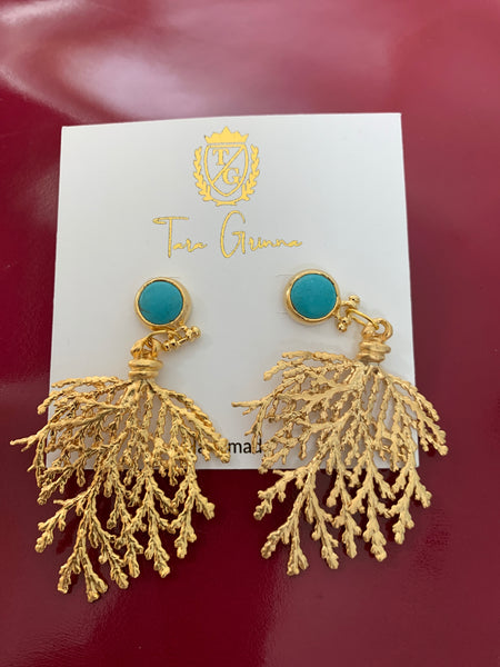 Gold and Turquoise Coral Earrings-(TG-910129)