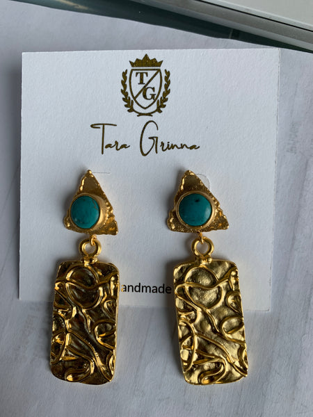 Gold and Turquoise Square Earrings-(TG-910131)