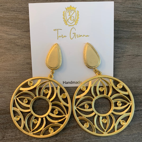 Gold Floral Circle Large Pendent Earrings-(TG-910192)