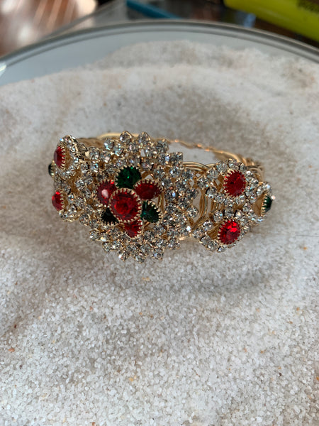 Green and Red Crystal Floral Design Bracelet-(Style 9343)