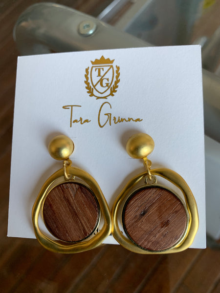 Gold Plated Circle Earrings with Wooden Center Piece-(TG-91099)