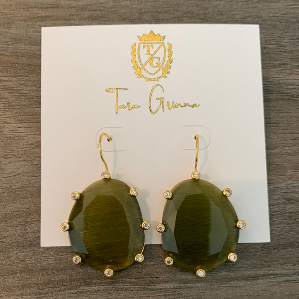 Army Green CZ Stud Clamp Earrings-(TG-910268)