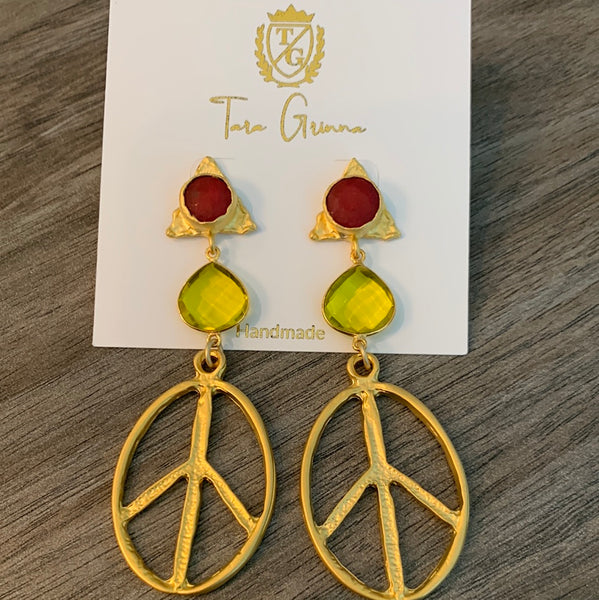 Lemon Topaz and Red Jade Peace Earrings-(TG-910223)