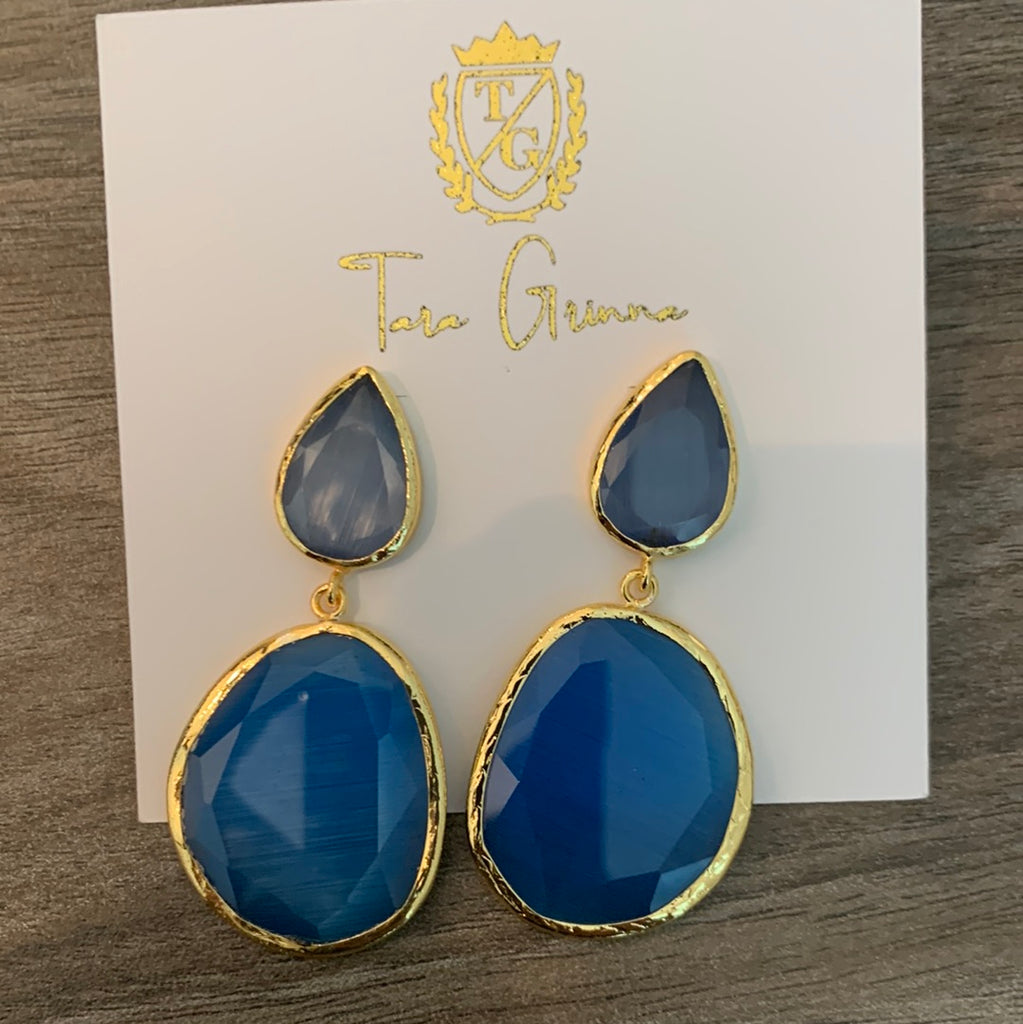 Blue Tear Drop Stud with Gem Gold Trim Earrings-(TG-910266)