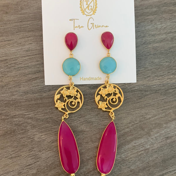 Hot Pink Chalcedony Sea Green Chalcedony Earrings-(TG-910203)