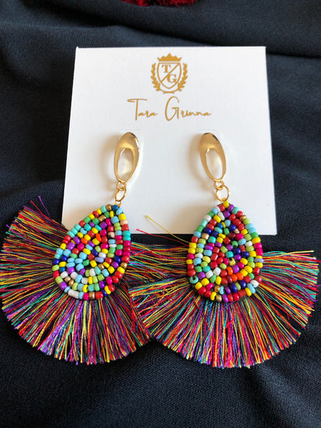 Beaded Fringe Fan Earrings- (TG-91041)