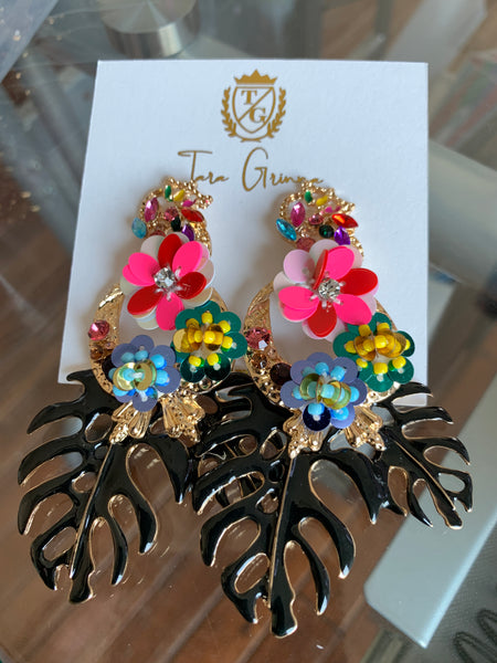 Floral and Leaf Dangle Gemstone Earrings-(TG-91094)